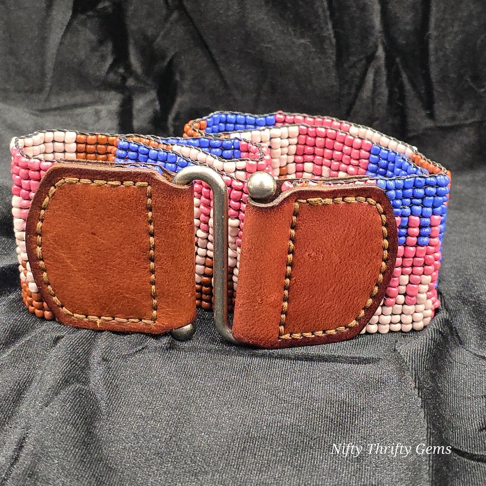 Fossil Beaded Stretch Belt with Genuine Leather Multicolored Size Medium Y2K